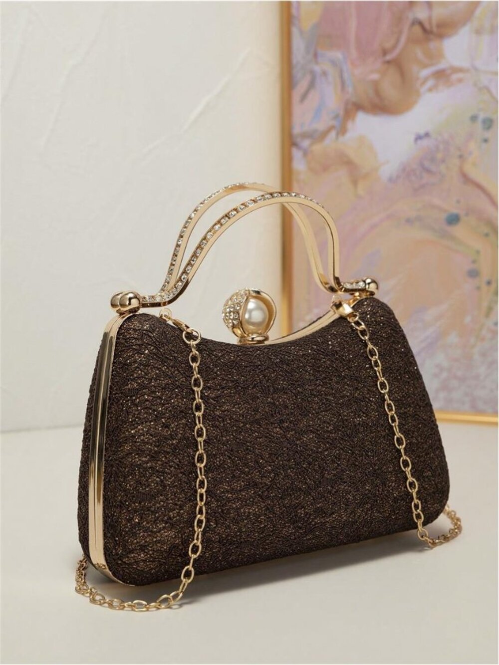 Mini Elegant Lace, Pearl & Rhinestone Decorated Box Shaped Evening Clutch